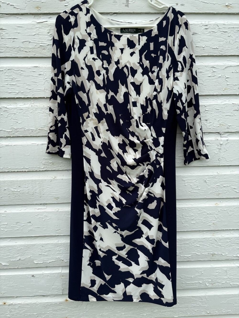 Lauren Ralph Lauren Dress Boat Neck Midi Navy Blue Stretch 3/4 Sleeves Ruched 14